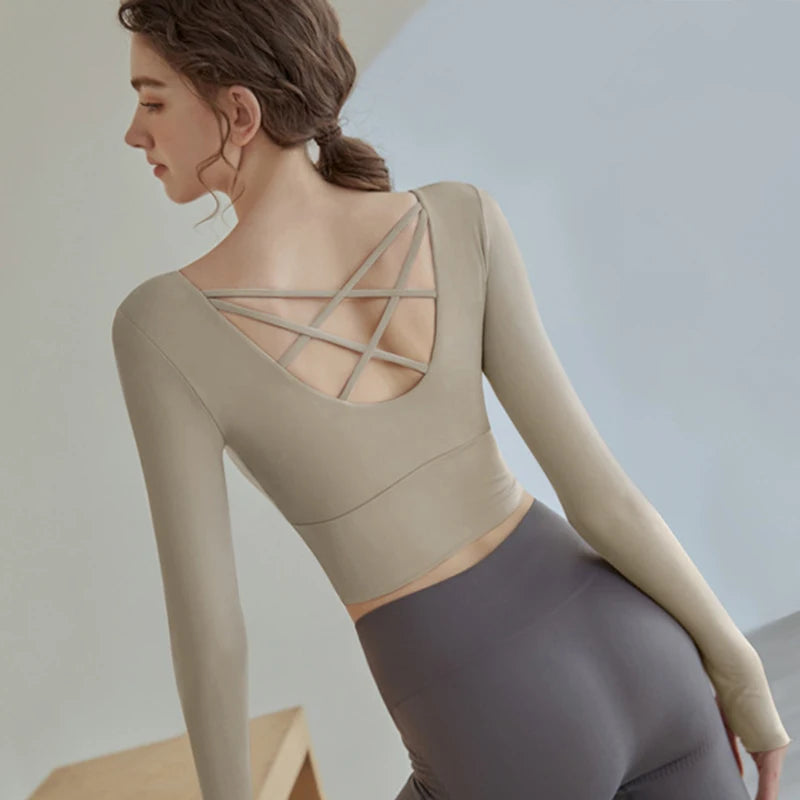 Women Long Sleeve Sport Shirt Beautiful Cross Back Yoga Wear Running Crop Top Sportswear With Bra Pad Fitness Gym Top Yoga Shirt