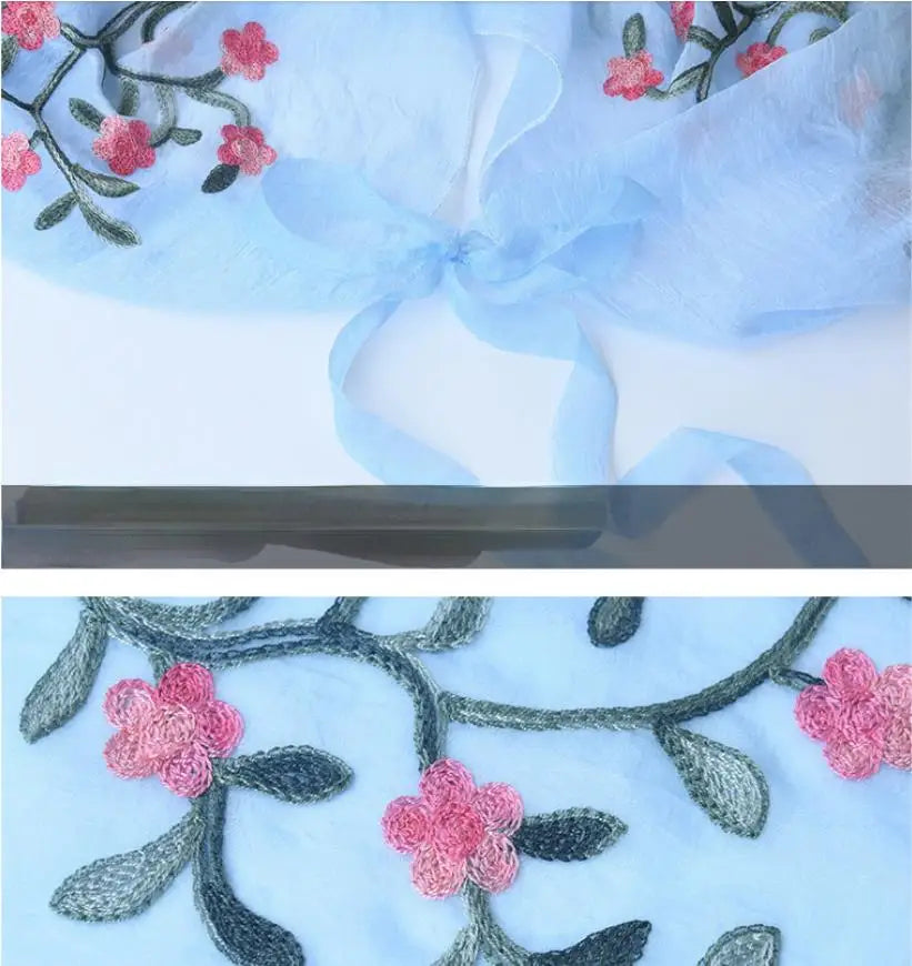 2024 Summer New Women Long Casual Embroidered Floral Sun Protection Sleeves Beach Shawl Shirt Chiffon Driving Scarf Arm Warmers