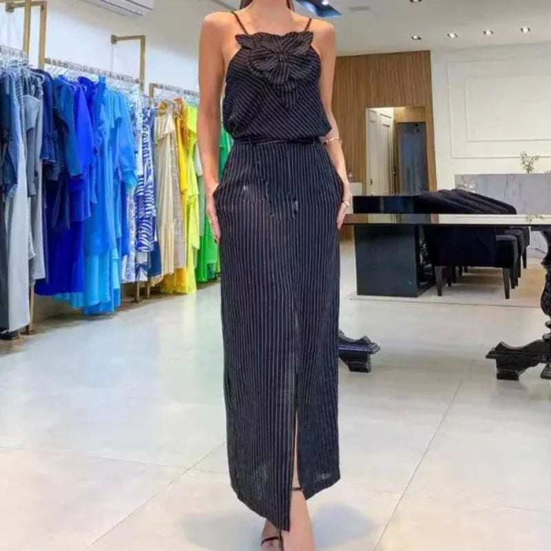 Skirt Set Women Dress Sets Two Piece Sets Slim Sling Sleeveless Floral Casual Short Tops Mid Length Skirts Elegant Splice Summer