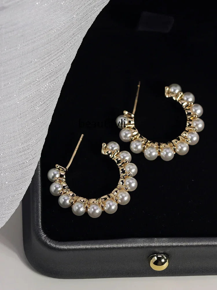 L11 yj Elegant Pearl C- Shaped Ear Clip Gentle High-Grade Silver Needle Ear Studs without Pierced Female Circle Earrings