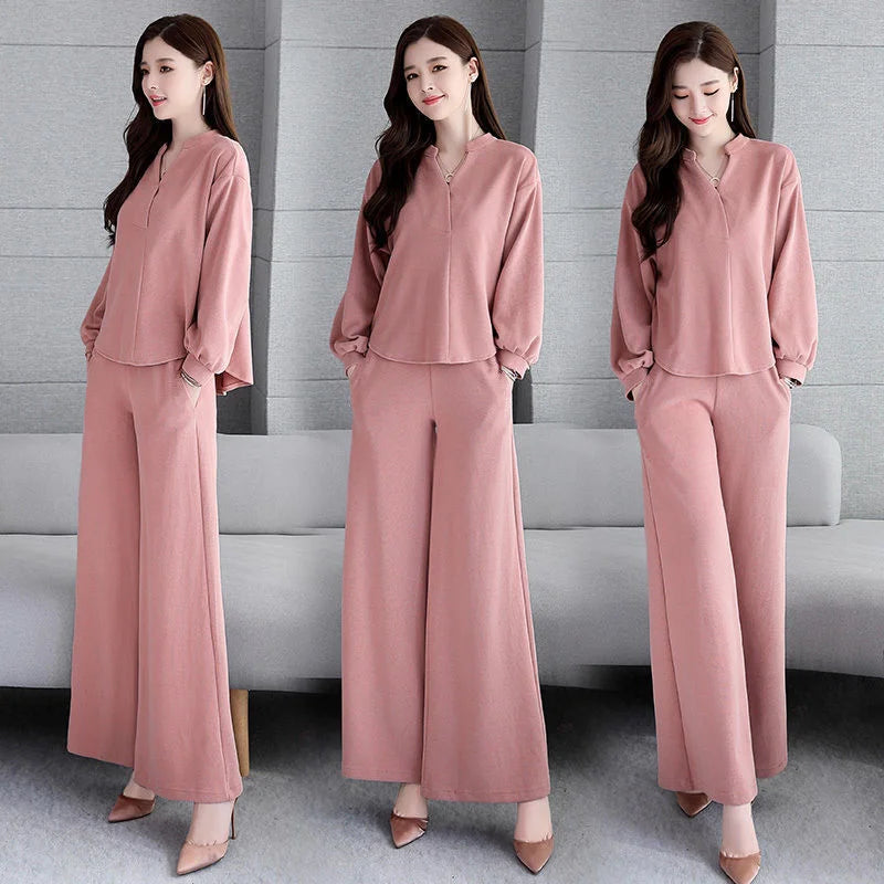 Women's Suits 2021 Spring Autumn New Fashion Korean Style Loose Tops Wide Leg Pant Two Piece Set Women Plus Size Clothing Ladies