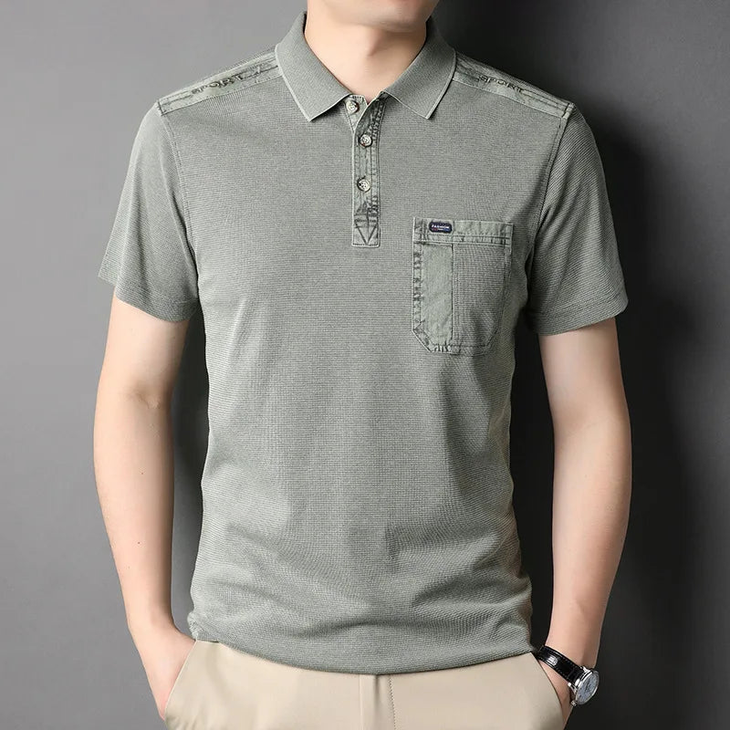 Men's Short Sleeve T-shirt Blouses Summer Thin Casual Poloturn-down Collar Tees Pockets Fashion Patchwork Vintage Tops mon