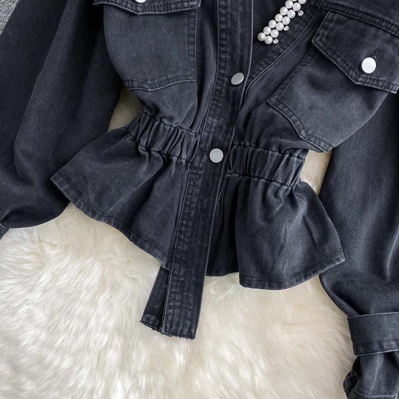 Vintage Pearl Beaded Black Denim Outerwear Women Autumn Elastic Waist V-neck Long Sleeve Korean Irregular Hem Short Jeans Jacket