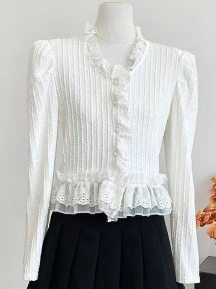 New Sweet clothes Gentle Lace V-neck Shirt Female New Japanese Fashion Slim Elegant Shirt Spring 2025 Harajuku Long Sleeve Solid Clothes