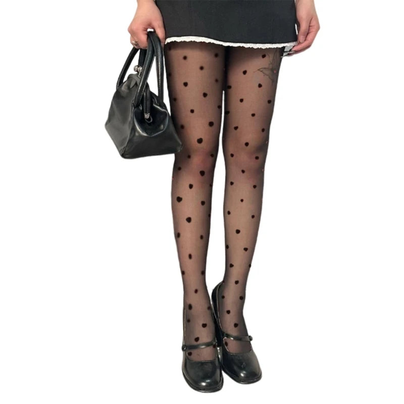Women Valentines Silk Pantyhose Heart Flocking Patterned Sheer Leggings Tights