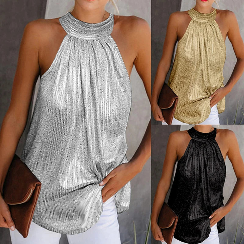 Women Golden Blouse 2024 Fashion High Neck Sleeveless Hatler Tank Top Vest Summer Casual Loose Blouse Shirt Tees clothes