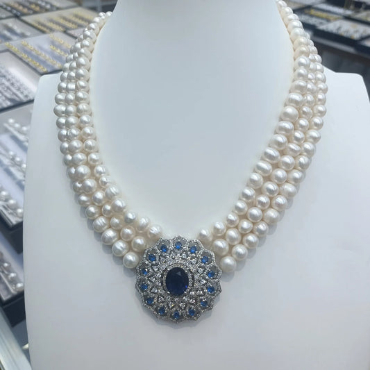 Set 3rows Pearl white gray 5-6mm 7-8mm  necklace bracelet earrings Ring party wedding  women's jewelry  blue zirocn pendant