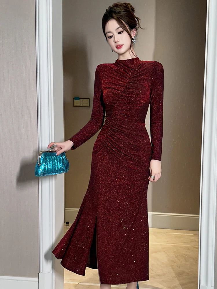 Women‘s Fashion Elegant Birthday Party Dress Female Clothing Glitter Bright Sequin Slit Folds Fishtail Robe Evening Prom Vestido