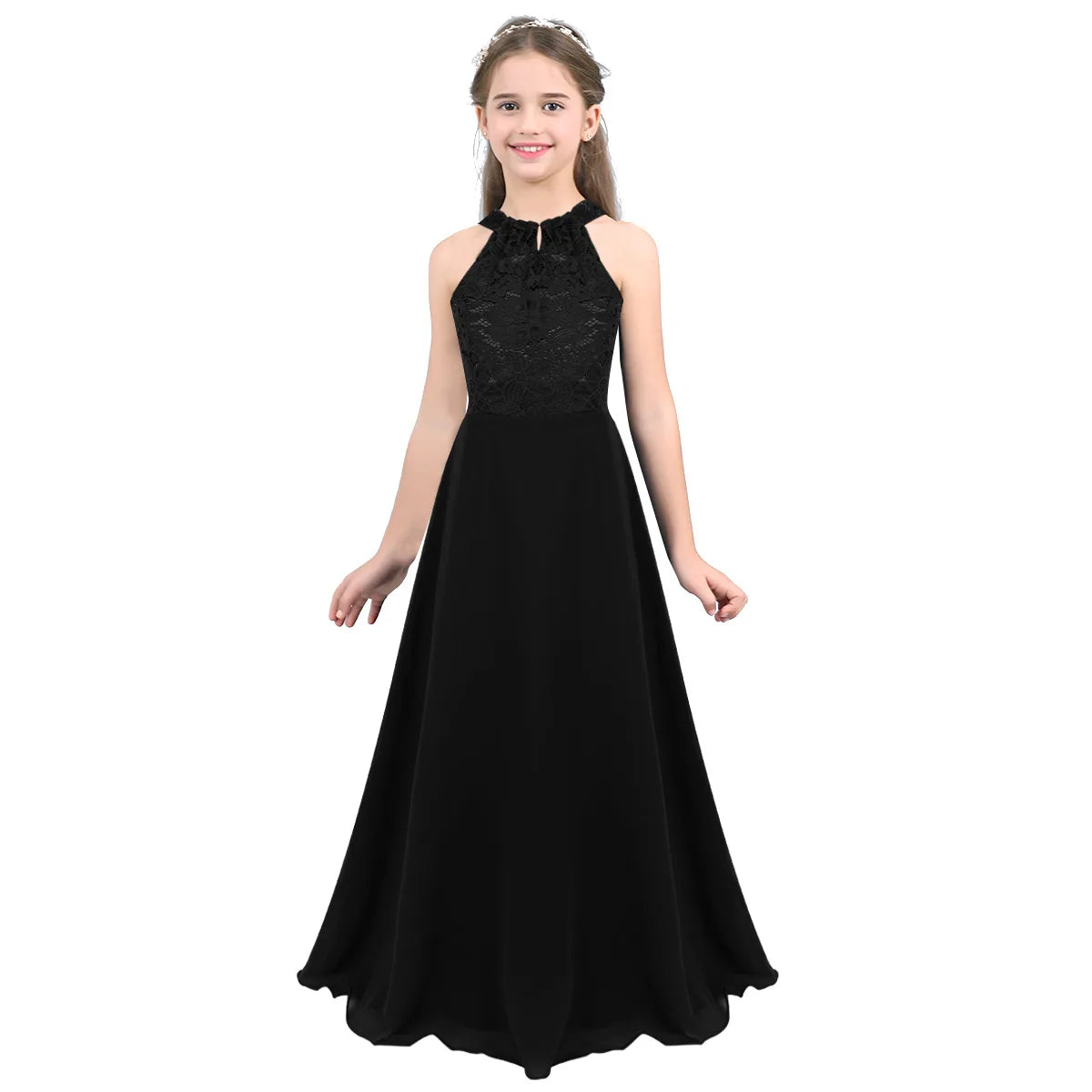 iiniim Kids Girls Vestido de festa Chiffon Dress Floral Lace Cutout Back Flower Girl Dress Elegant Summer Princess Party Dress