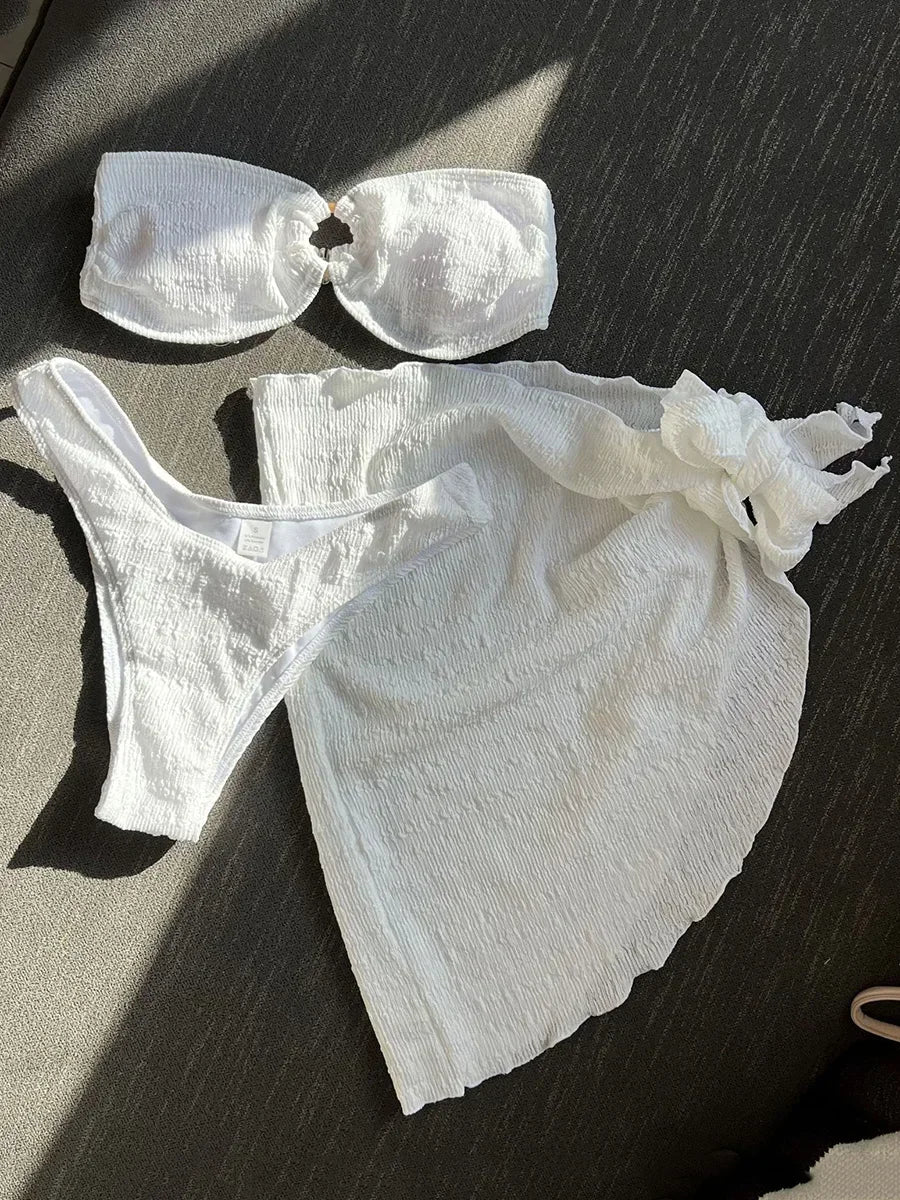 With Sarong Bandeau Strapless Wrinkled Bikini Women Swimwear Female Swimsuit Three-pieces Bikini set Bather Bathing Suit Swim