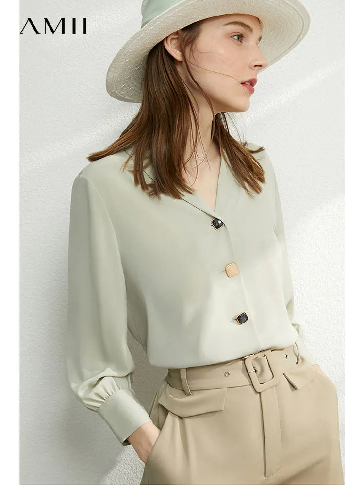 Amii Minimalism Blouse Women Spring Vneck Solid Chiffon Blouse Office Lady Casual Shirts Elegant Blusas Female Tops 12030219 clothes