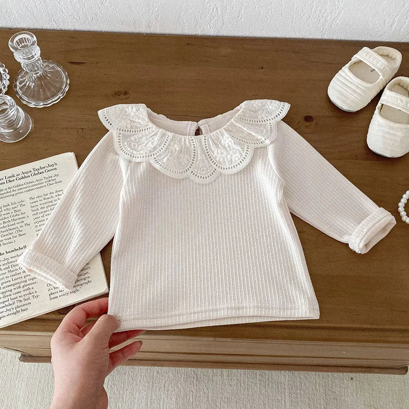 2024 Baby Herbst Kleidung Spitze Kragen Baby Tops Mit Langen Ärmeln Kinder Pullover Infant T Shirt für Mädchen Kleidung Kleinkind Bluse 0-2Y