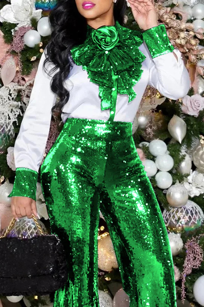 Plus Size White Daily Sequin Ruffle High Collar Long Sleeves Blouses