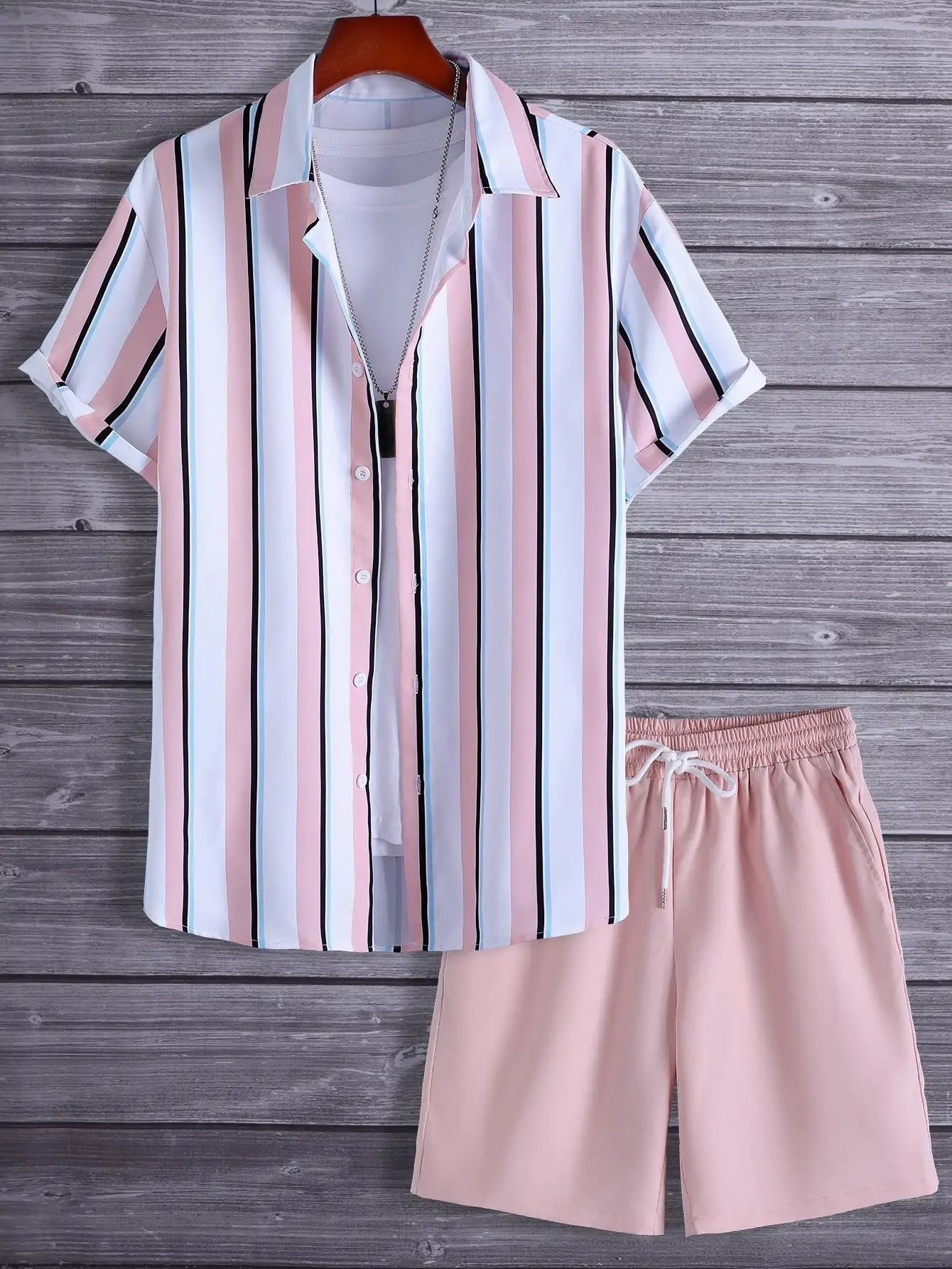 Hawaiian Flamingo Strip Printed Set Casual Streetwear Button Short Sleeve Shirt, Two-piece mon