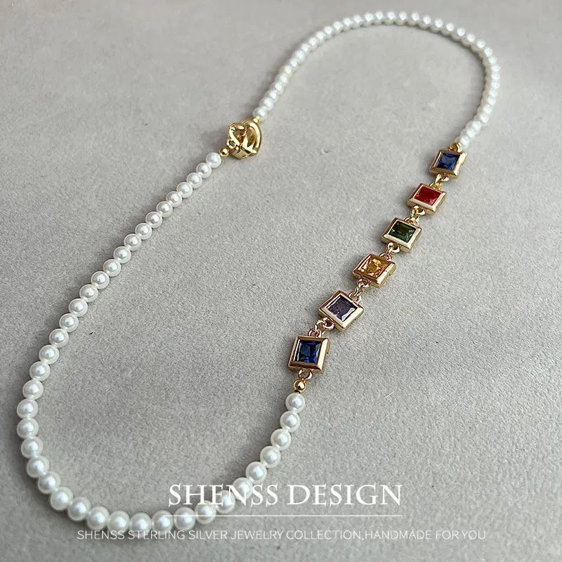 Imitation Pearl Square Zircon necklace Copper Plated 14k Gold Accessories