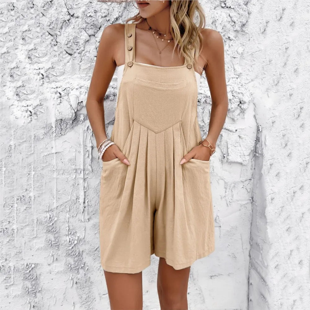 2025 Summer Women Rompers Short Black Square Collar Pockets Loose Wide-Leg Rompers Female Elegant Casual Trendy Ladies Clothes