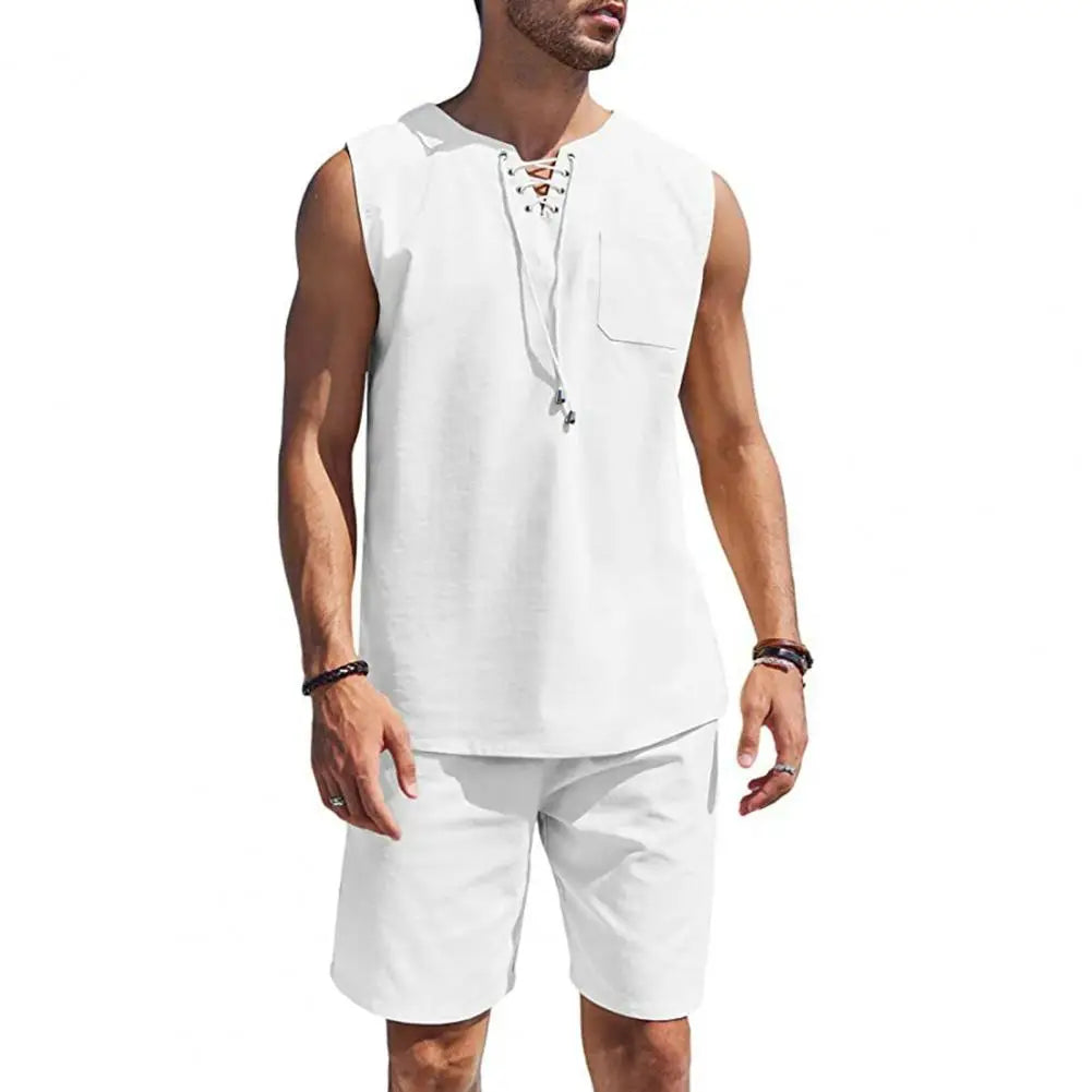 T-shirt Shorts Set Men's Sportswear Set Sleeveless V Neck Vest Elastic Waist Shorts with Patch Pockets Breathable Quick for Men mon