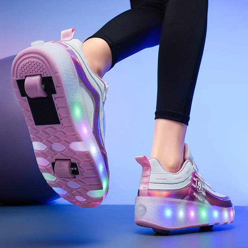 2 Wheels Dual-use Luminous Led Light USB Charging Roller Skates Sneakers For Girls Boys Students Outdoor Wheeled Sports Shoes