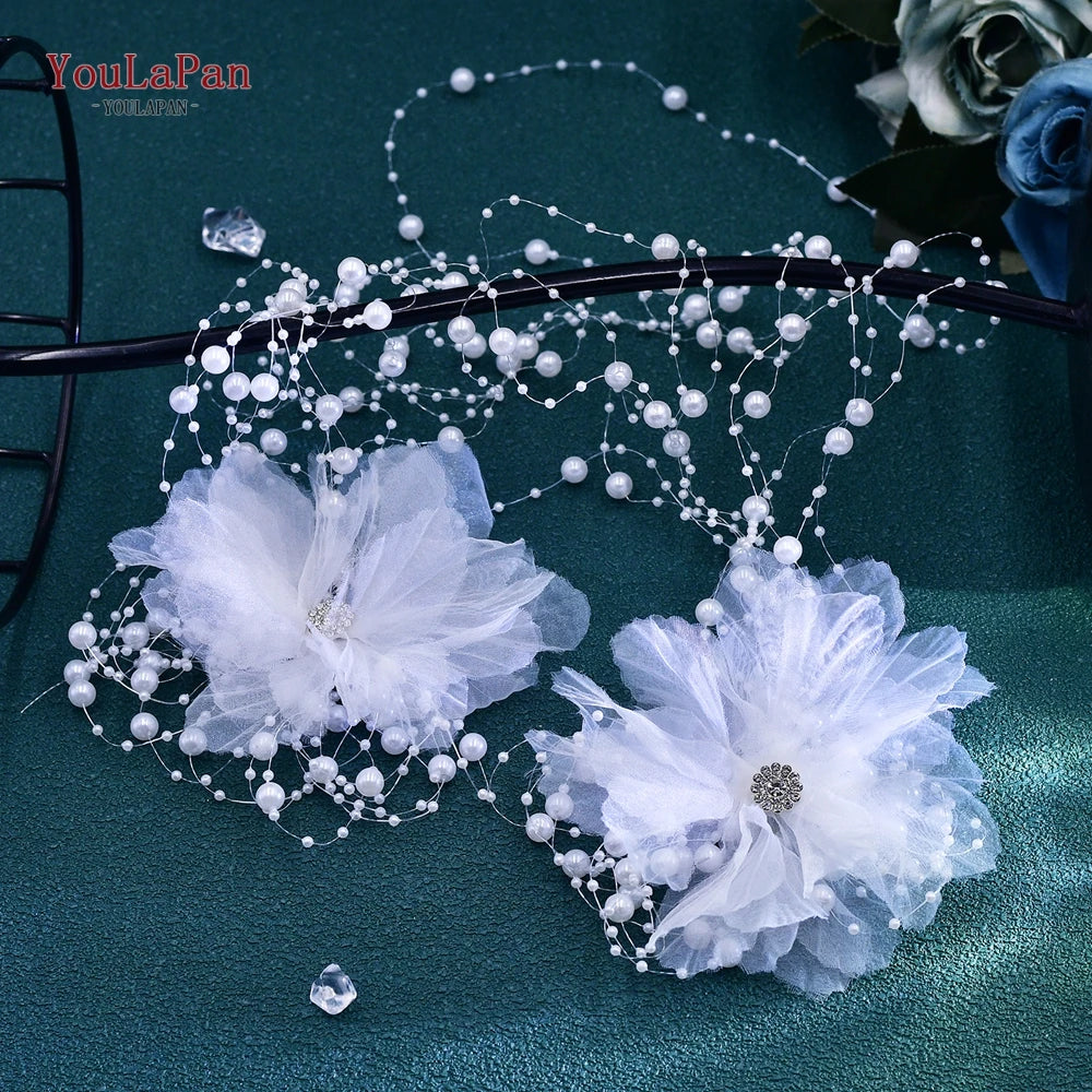 YouLaPan Elegant Women Bride Headwear Handmade gauze Flower Wedding Princess Headband Long Pearl Tassel Hair Accessories HP691