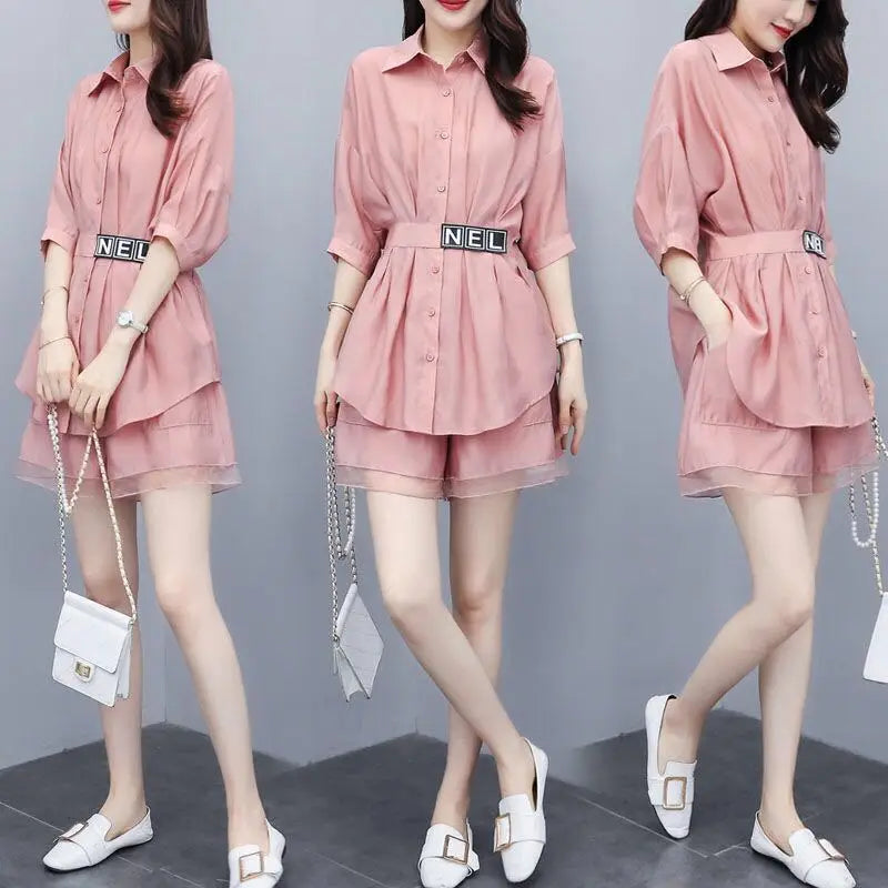 Women Suit 2025 New Summer Crop Top Fashion Korean Casual Two Piece Shorts Sets Medium Length Shirt Wide Leg Pants Party Outfits