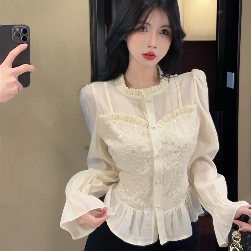 Gagaok French Style Women Tops Temperament Fungus Splicing Fashion Shirts 2025 Spring New Slimming Blouse Casual Clothes