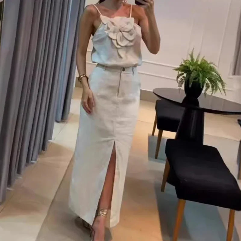 Skirt Set Women Dress Sets Two Piece Sets Slim Sling Sleeveless Floral Casual Short Tops Mid Length Skirts Elegant Splice Summer