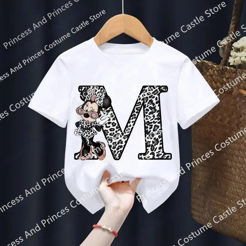 Minnie Letter A B C D Children T-shirt Kawaii Disney Clothes for Girls T Shirt Anime Cartoons Casual Kid Boy Short Sleeve Tops