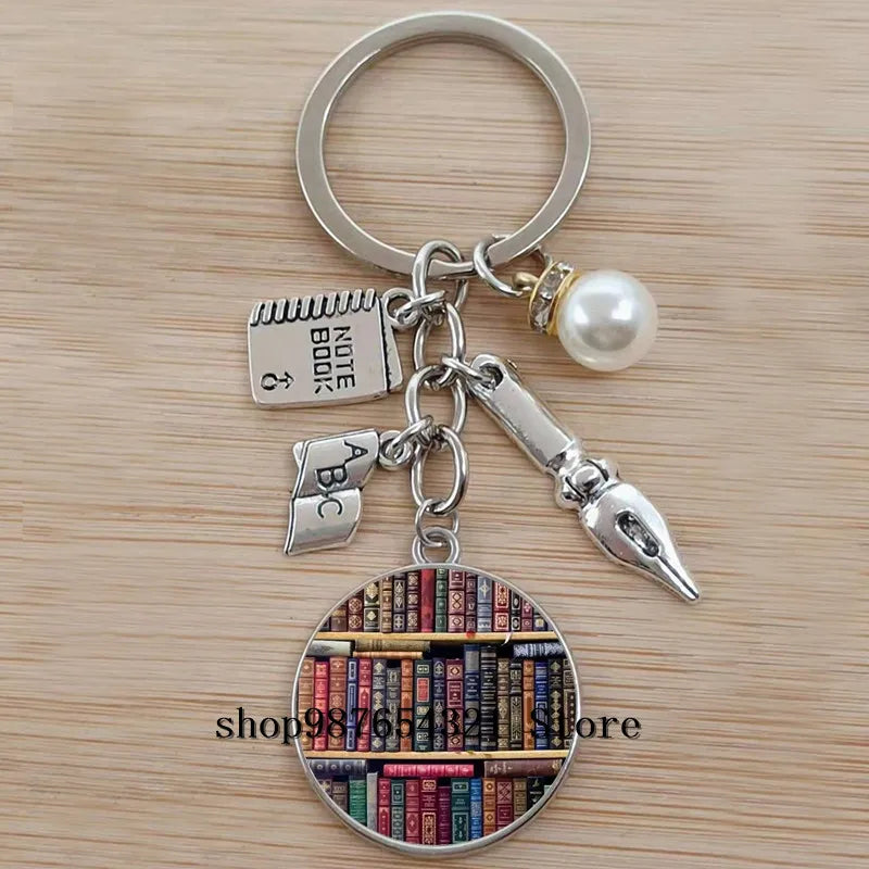 Classic Library Books Keychain Vintage Old Books Key Chain Librarians Key Ring Gift for Nerd Bookworm Writer Teacher