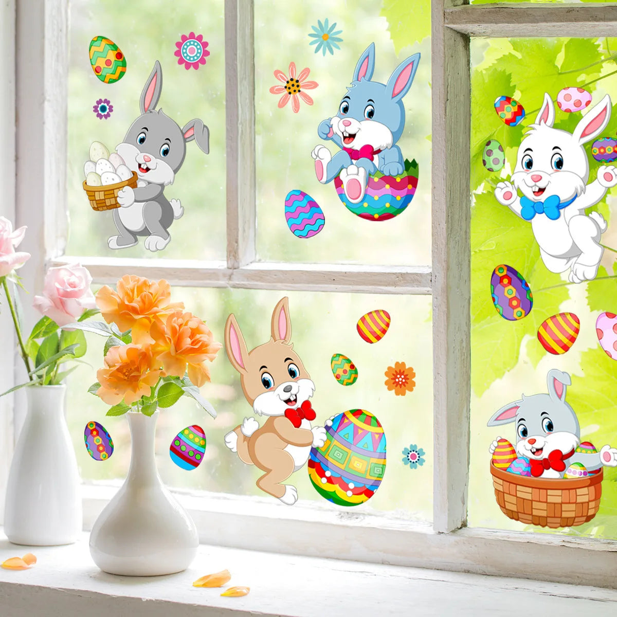 2sheet Easter Bunny Window Clings Cute Rabbit Egg Hunt Game Decoration Wall Sticker Glass Decals Easter Party Spring Home Decor