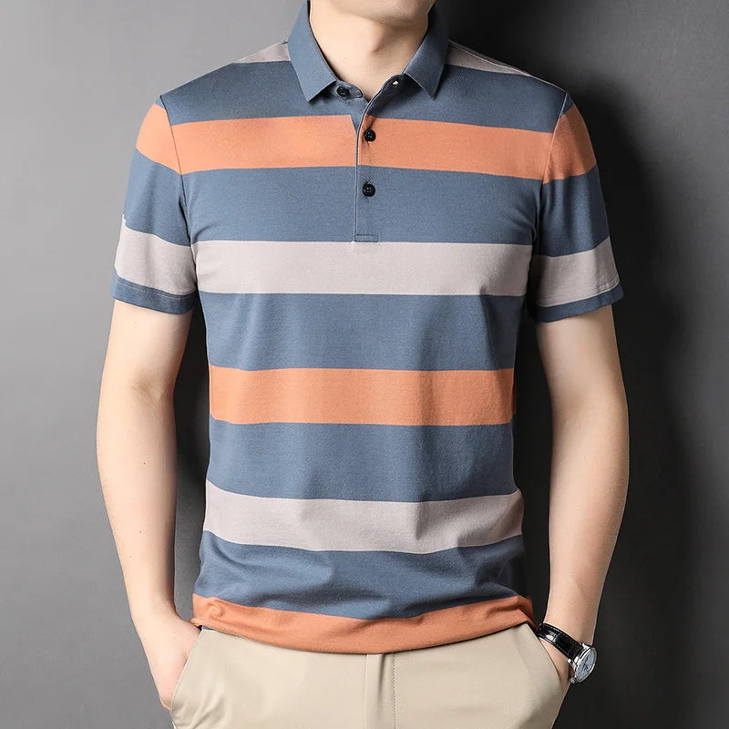 Men's Polo Shirts Korea Man Golf Shirts Summer Striped Print Button Clothing Business Style Male Streetwear Short Sleeve T-Shirt