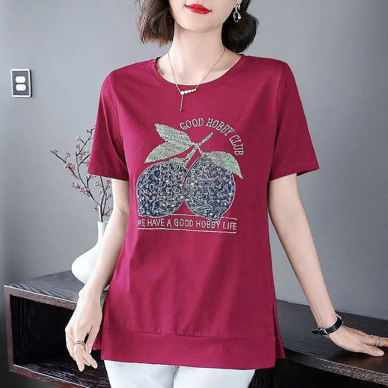 Fashion O-Neck Short Sleeve Sequined Diamonds Letter T-Shirts Women's Clothing 2024 Summer Loose Casual Tops Commuter Tee Shirt