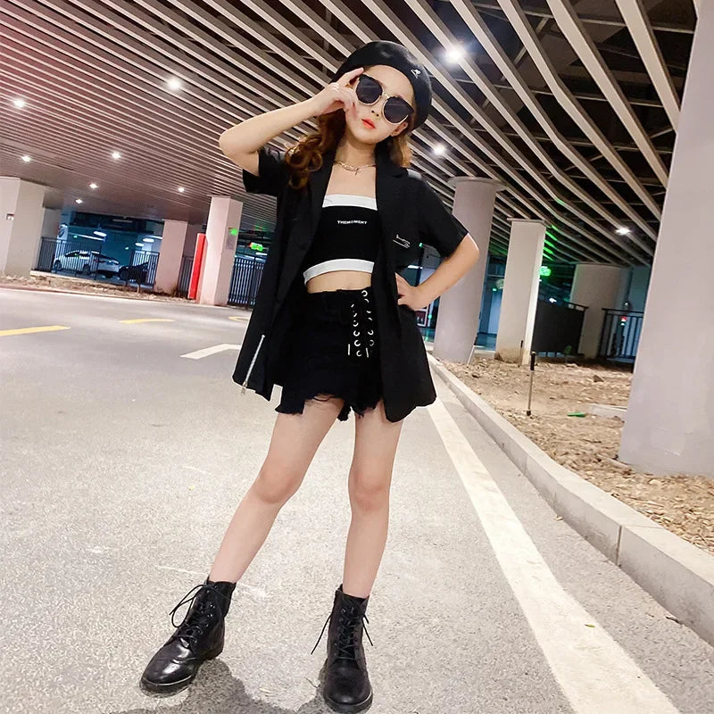 kids dresses for girls black suit mini dress vestidos strap streetwear teens Korean baby clothes children fashion 4 to 16 yrs