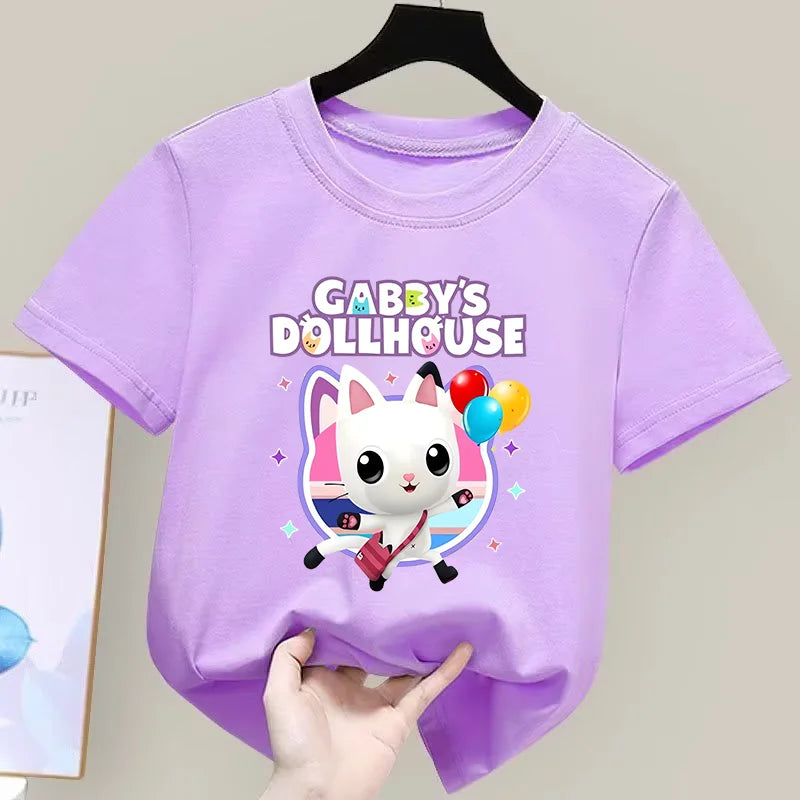 Gabby Dollhouse T-Shirt Anime Print Kleidung Mädchen Niedlich Cartoon Einfache Babykleidung Kind Lila Sommer T-Shirt Kinder Geburtstagsgeschenk