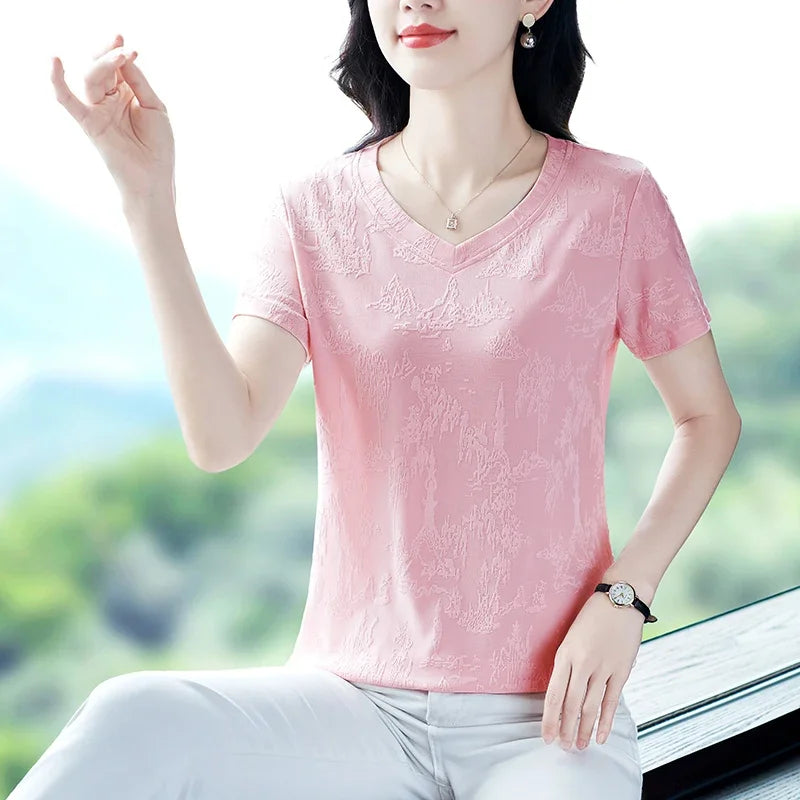 Summer Women's V-neck Slimming Short-sleeved T-shirts Fashion Luxury Clothing Tops Suit Clothes Dames Slimming and breathable