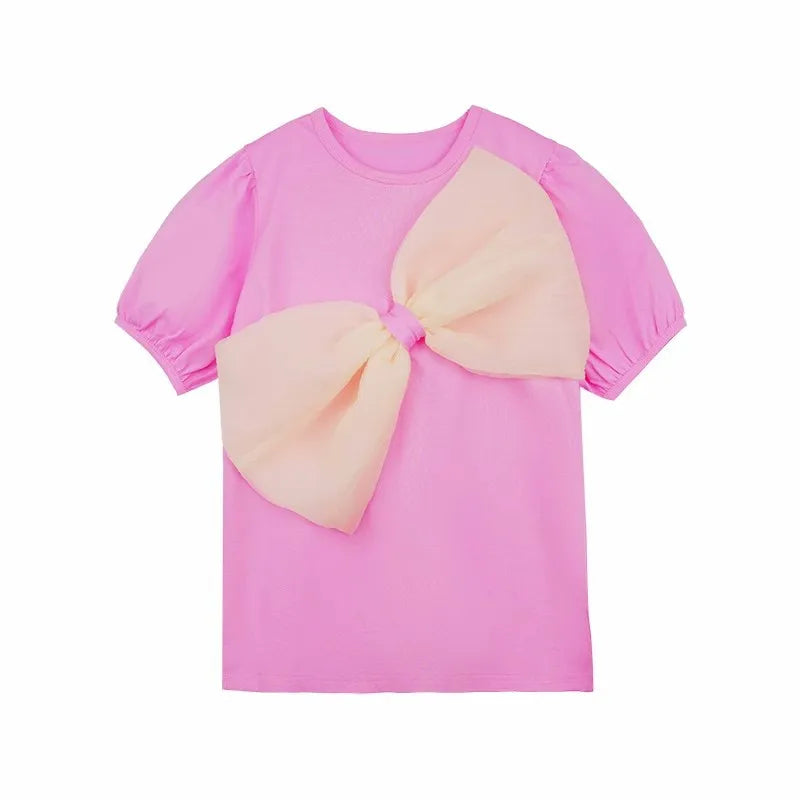 2024 Summer New Girls' Dress Big Bow Dress Sweater T-shirt Dress Casual Baby Kids Clothes Personalized Children's Clothing