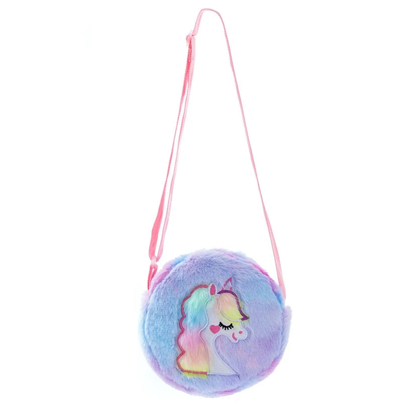 Animal Embroidery Handbags Tie Dye Unicorn Plush Crossbody Bags Winter Furry Shoulder Purse Kids Cartoon Study Tools Wallets