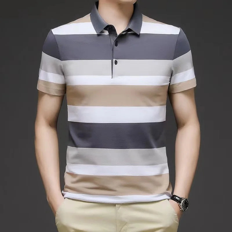 Men's Polo Shirts Korea Man Golf Shirts Summer Striped Print Button Clothing Business Style Male Streetwear Short Sleeve T-Shirt
