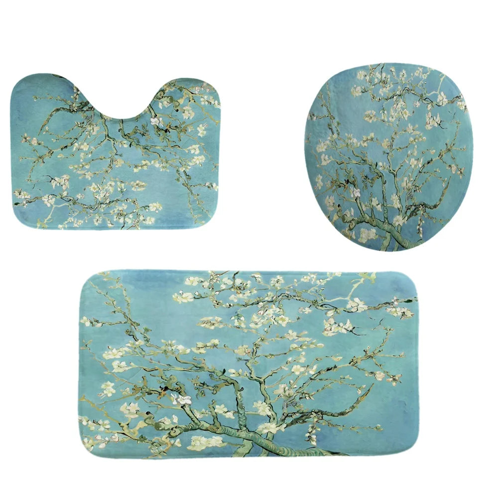 Japanese Cherry Blossom Shower Curtain Set Non-Slip Rug Toilet Lid Cover Bath Mat Spring Sakura Flower Pastoral Bathroom Curtain
