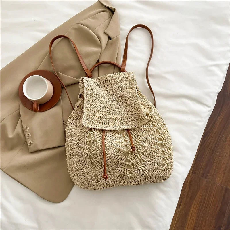 Handmade Woving Women's Backpack Beach Shoulder Bag For Ladies Designer Straw Handbag Travel Anti Theft Backbag Crossbody Purse