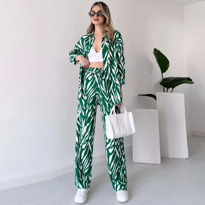 Women's Zebra Print 2-piece Set 2025 Spring Summer New Fashion Long Sleeve Shirt Top High Waist Wide Leg Pants Casual Outfits