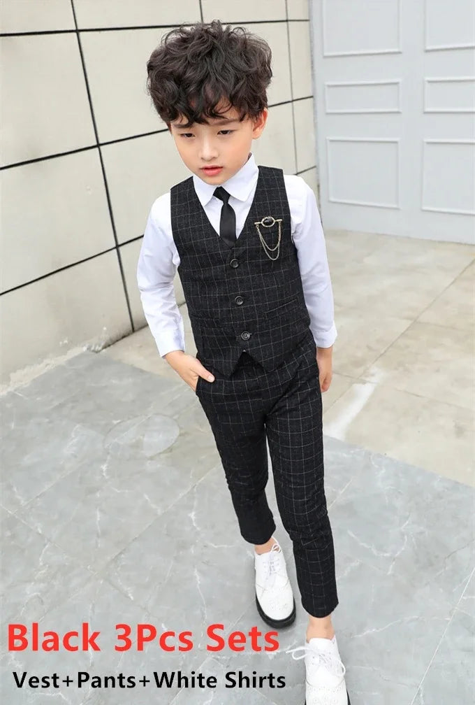 Boy Plaid Vest Blazer Kids Waistcoat Wedding Clothes Set Toddler Formal Dress Suit Child Brooch Shirt Pant Baby Gentlemen Outfit