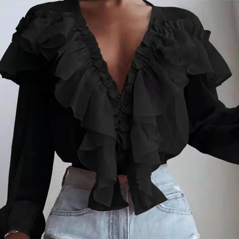 2024 Spring Autumn Elegant Ruffles Women Shirts Top Casual V Neck Long Sleeve Loose Female Solid Chiffon Blouses For Women Blusa clothes