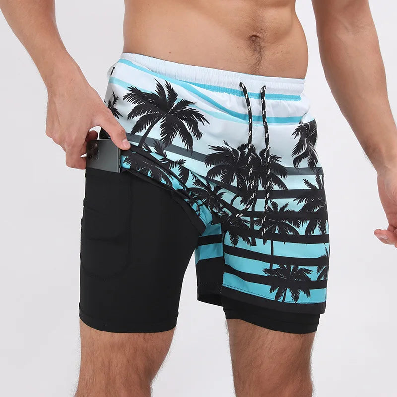 Summer Shorts Men Double Layer Beach Wear Surf Swimming Sportswear Fitness Loose Shorts Casual Trouser New Swimwear