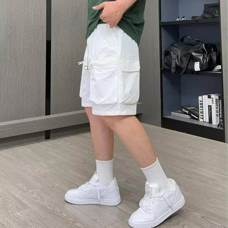 Cargo-Shorts für Herren, einfarbig, locker, trendig, amerikanischer Stil, High Street, mehrere Taschen, Reißverschluss, Alltag, Sommer, Kordelzug, schön, jugendlich