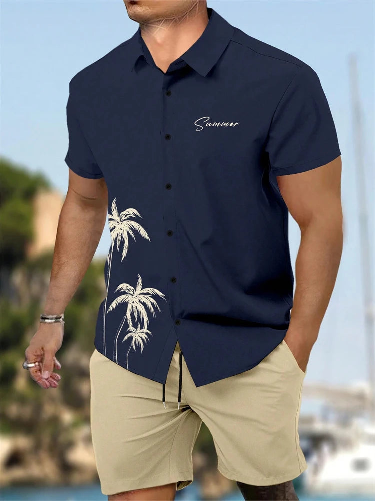 Summer New Men's Short Sleeve Shirt and Shorts 2 Piece Set Fashion Coconut Tree Print Lapel Shirt Beach Drawstring Shorts Set mon