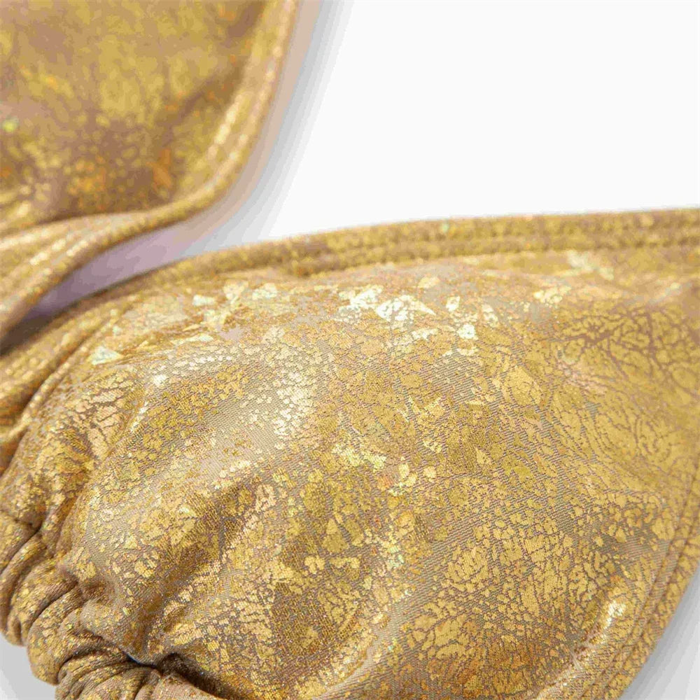 Golden Bikini Thong String Swimsuit Swimwear Women 2025 Trend Luxury Two Piece Bathing Swim Suit Brazilian Beach Vacation Outfit