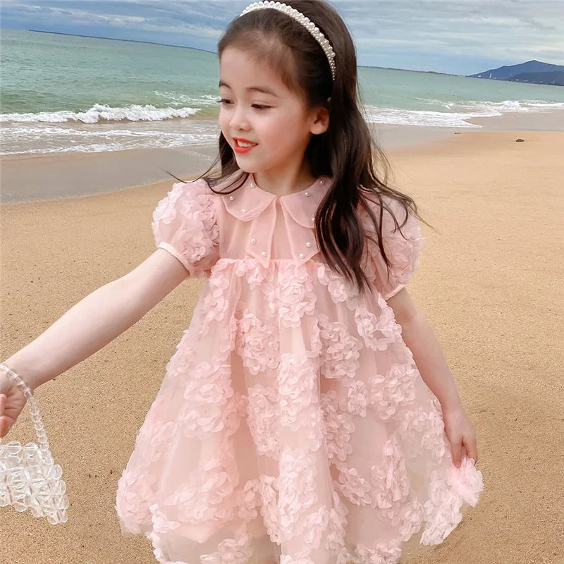 Baby kids Girls 3D Flowers Dress Summer Beaded Collar 2-8 Y