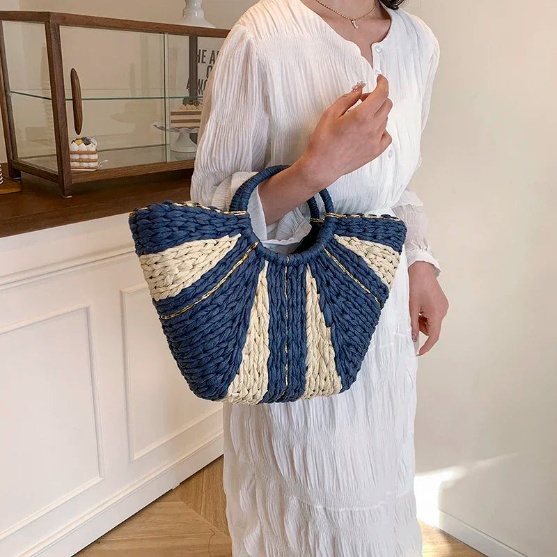 Large Beach Straw Bag 2025 Summer Rattan Woven Handbags Half Moon Design Top-Handle Tote Ladies Travel Shopping Bag Purse Sac