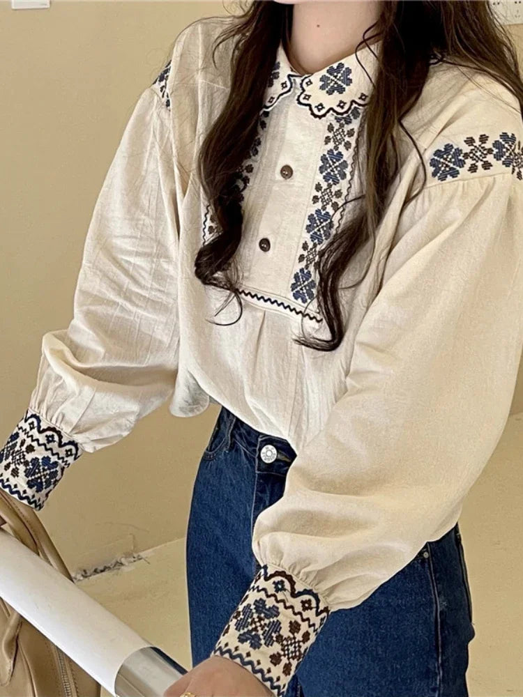 Korobov Vintage Autumn Shirts Embroidery Lapel Long-sleeved Blouses Female Camisas Puffed Sleeve Doll Collar Top Korean Fashion