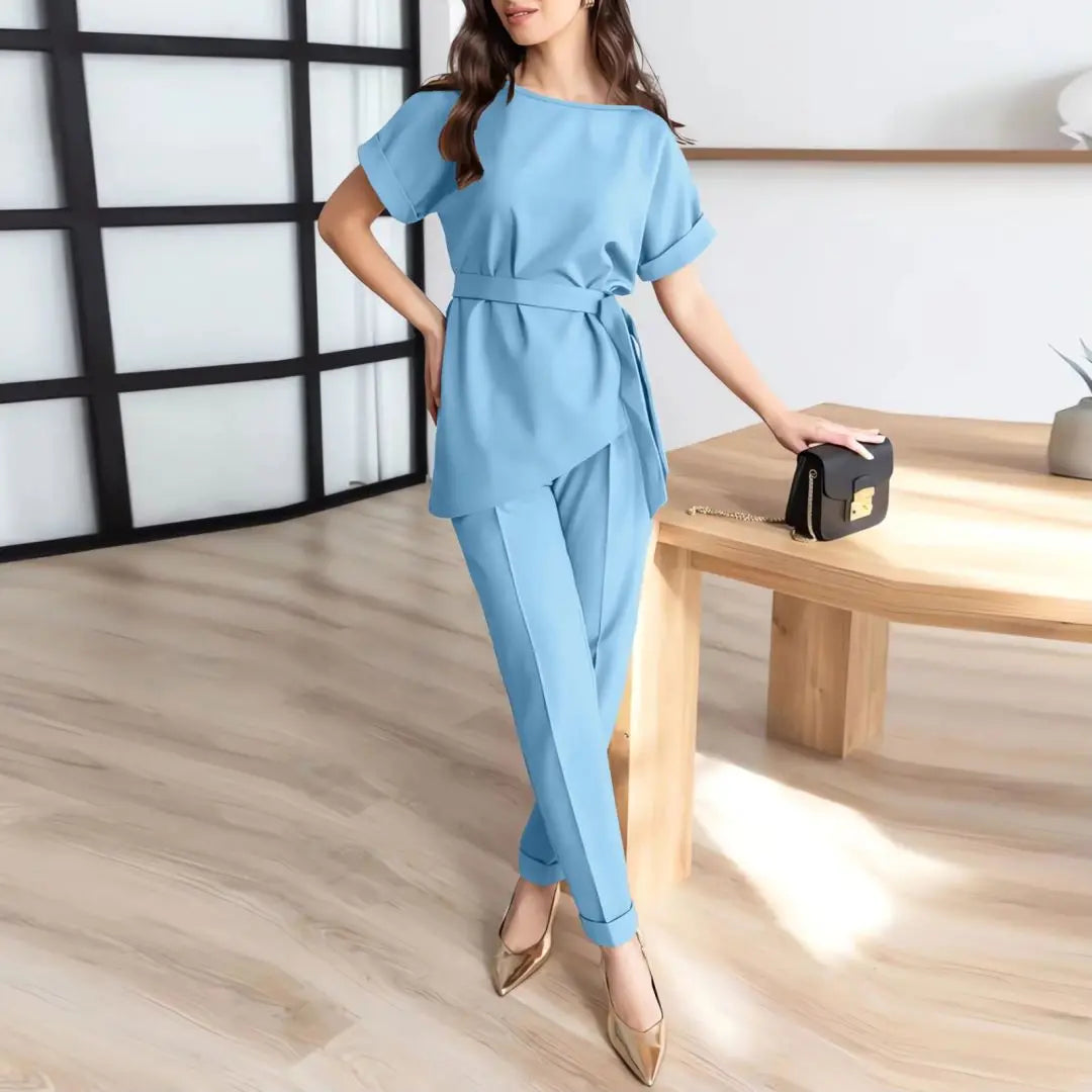 Women's Summer New Fashion Casual Round Neck Beveled Edge Suit Belt Top Set of Petite Pants Elegant Style Office Lady Suit Sets clothes
